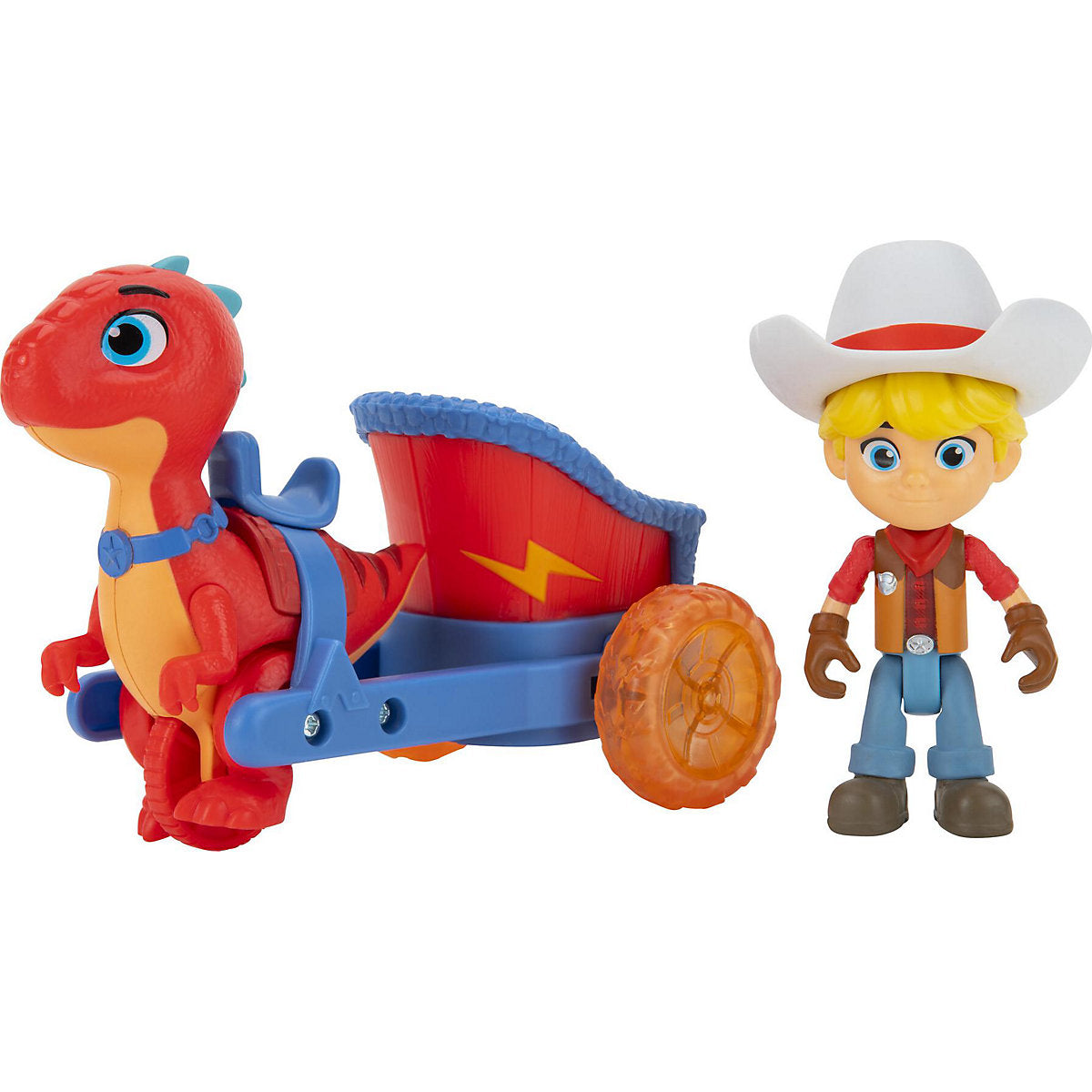 Jazwares - Dino Ranch - Spielset, Figur mit Dino, Jon & Blitz Streitwagen