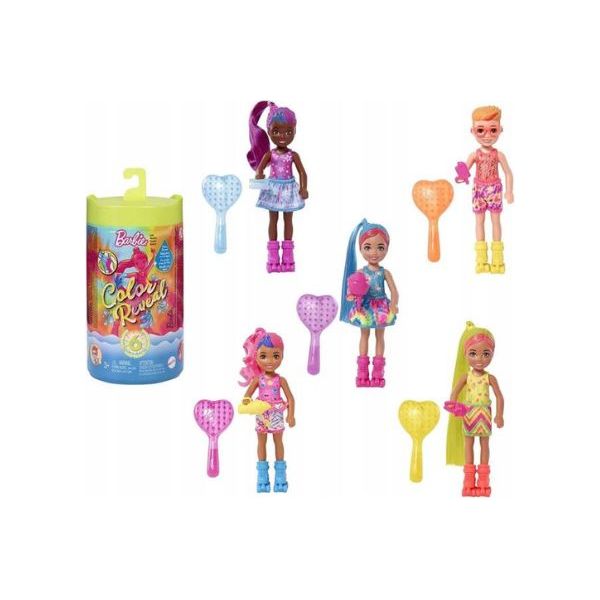 Mattel - Barbie - Chelsea - Color Reveal - Puppe mit Überraschungs-Zubehör, Neon Batik Serie