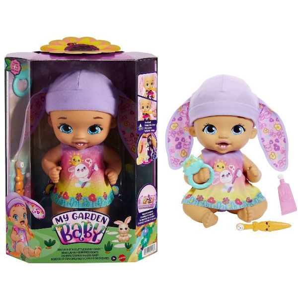 Mattel - My Garden Baby - Zahnputzspaß Hasen-Baby Puppe - Lavendel (30 cm) mit 3 Zubehörteilen und 2-in-1-Outfit, rosa Mütze