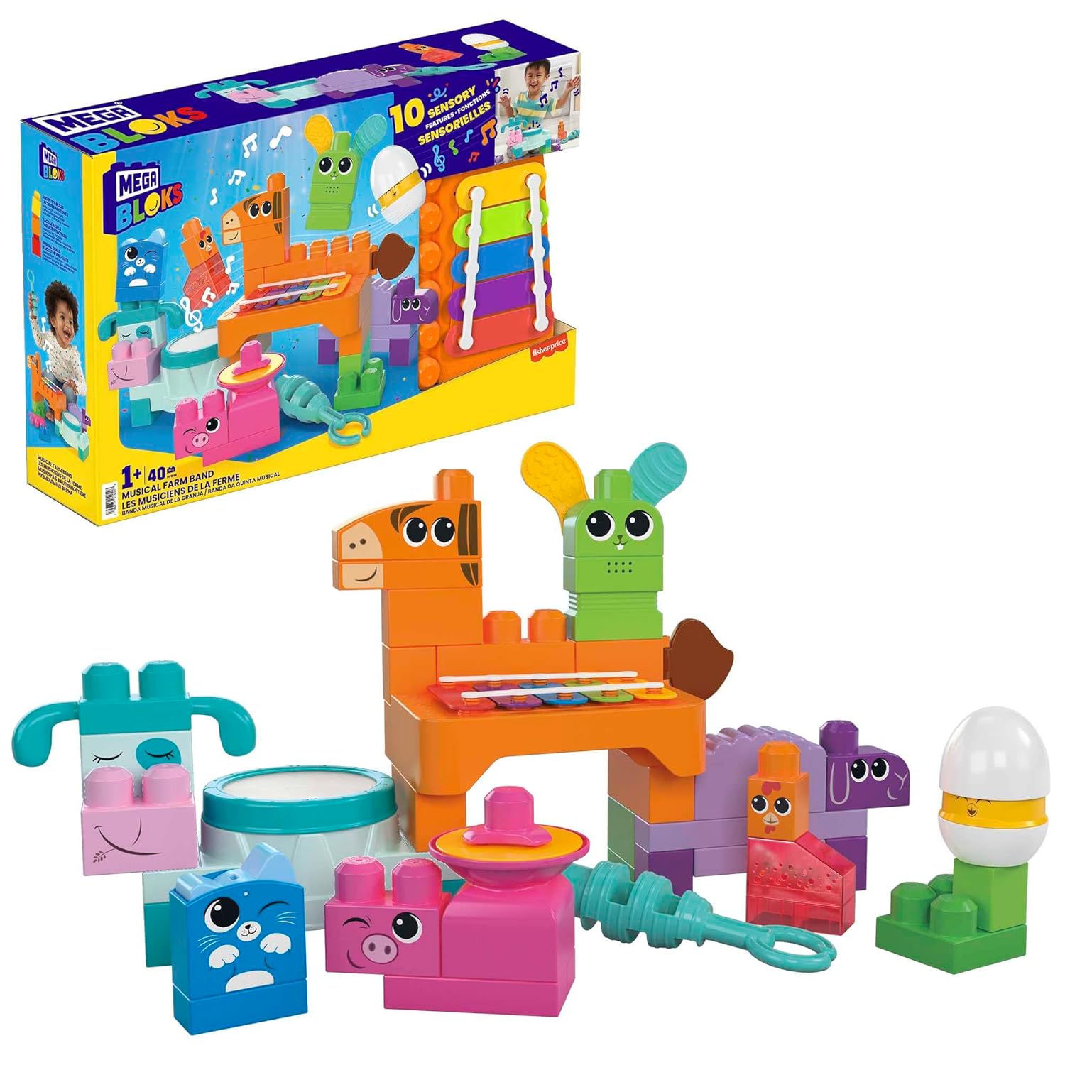 Mattel - HPB46 - MEGA BLOKS Fisher-Price Musikspaß Bauernhoftiere sensorisches Blockspielzeug (45 Teile) für Kinder