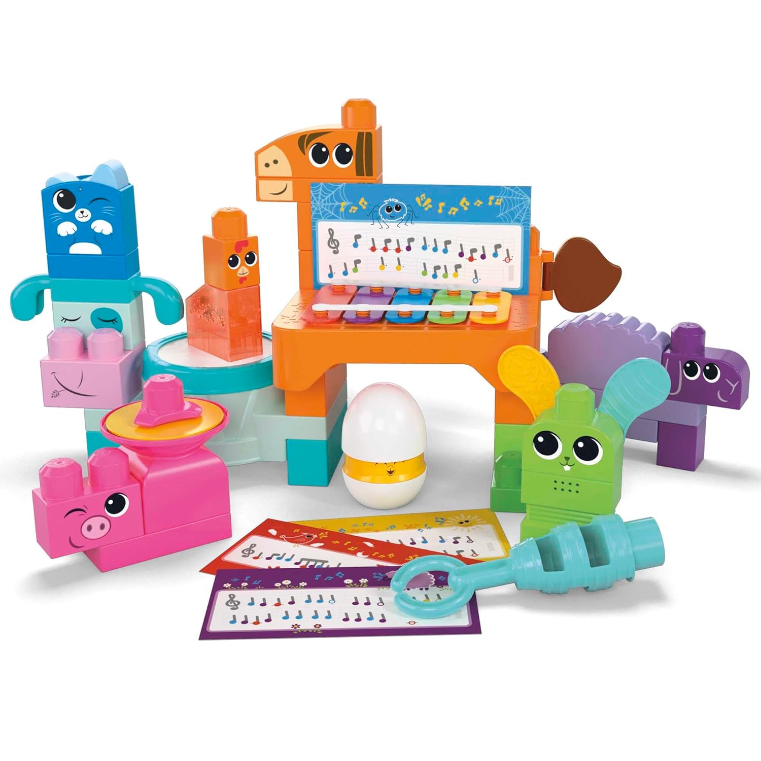 Mattel - HPB46 - MEGA BLOKS Fisher-Price Musikspaß Bauernhoftiere sensorisches Blockspielzeug (45 Teile) für Kinder