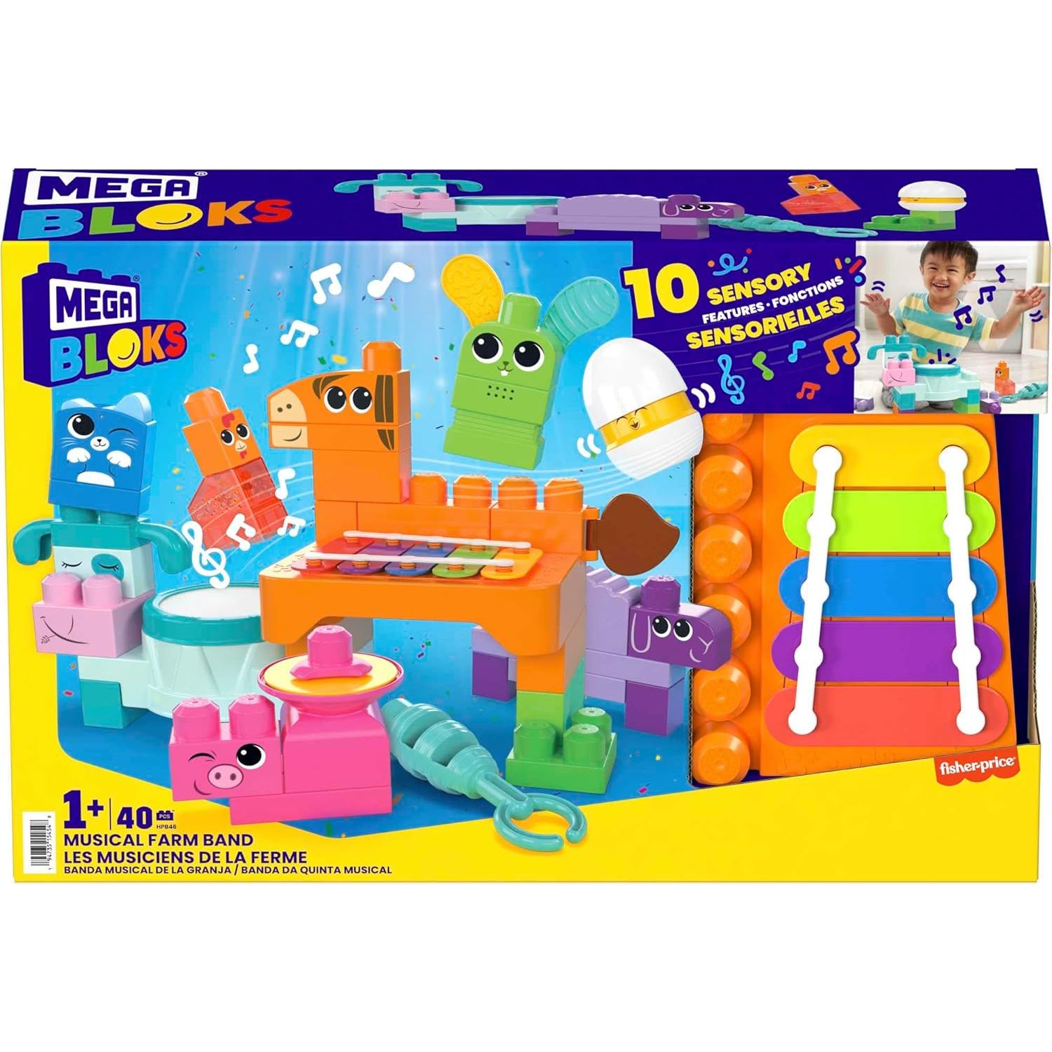 Mattel - HPB46 - MEGA BLOKS Fisher-Price Musikspaß Bauernhoftiere sensorisches Blockspielzeug (45 Teile) für Kinder