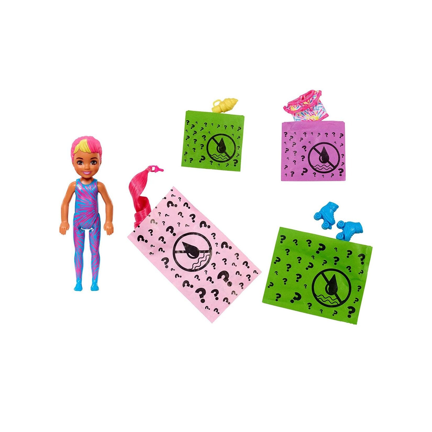 Mattel - Barbie - Chelsea - Color Reveal - Puppe mit Überraschungs-Zubehör, Neon Batik Serie