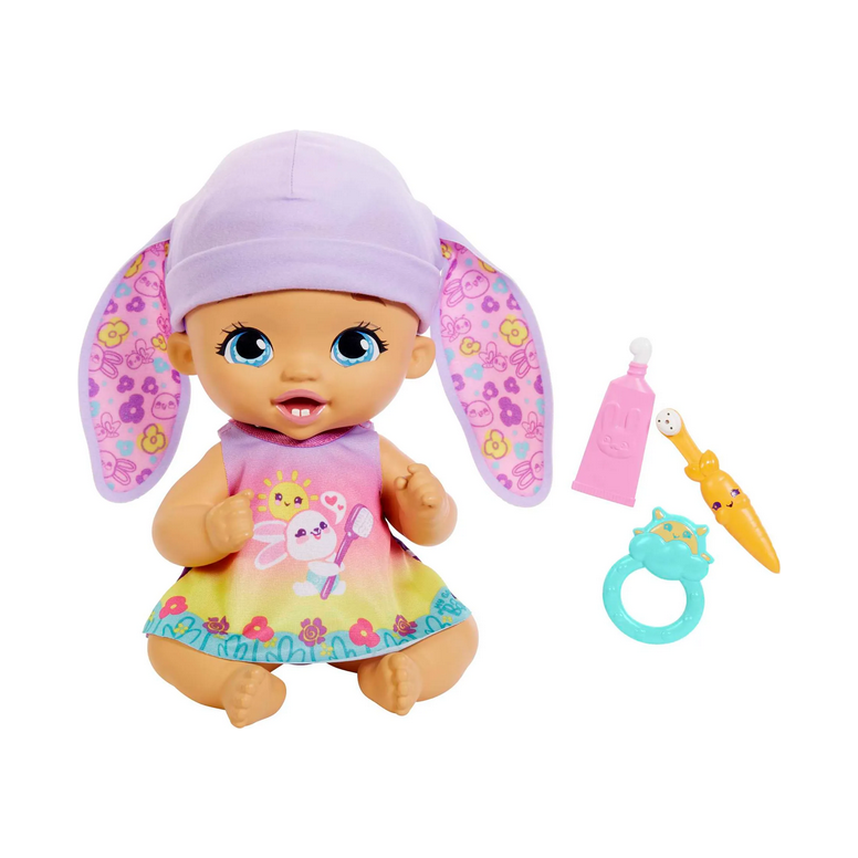 Mattel - My Garden Baby - Zahnputzspaß Hasen-Baby Puppe - Lavendel (30 cm) mit 3 Zubehörteilen und 2-in-1-Outfit, rosa Mütze