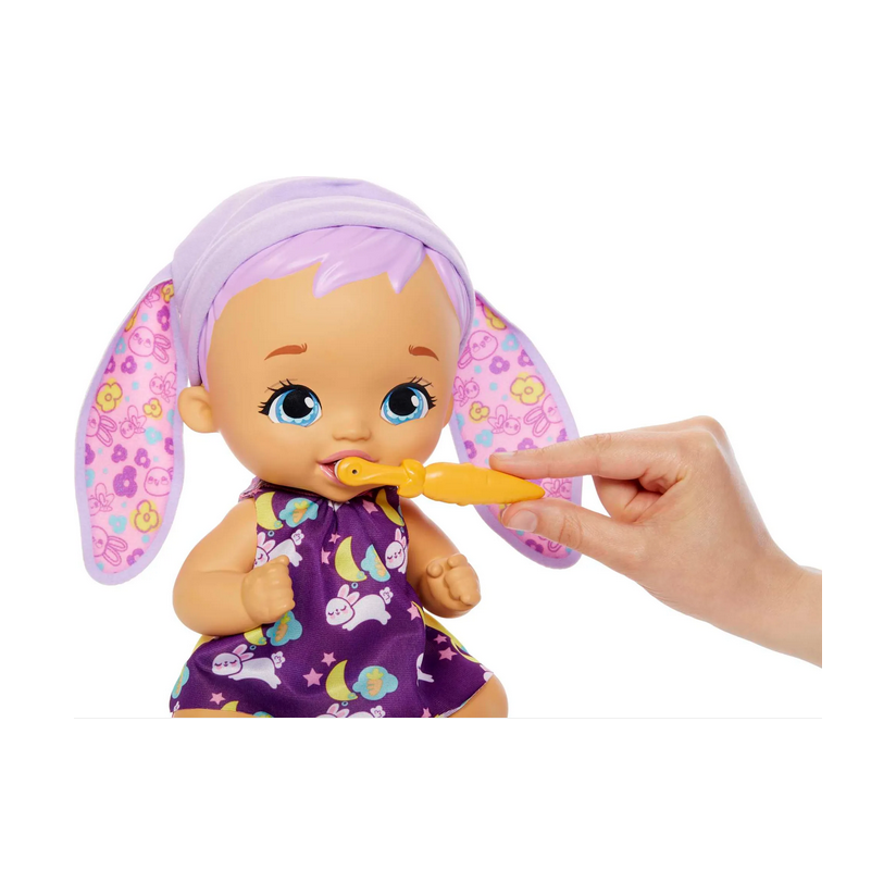 Mattel - My Garden Baby - Zahnputzspaß Hasen-Baby Puppe - Lavendel (30 cm) mit 3 Zubehörteilen und 2-in-1-Outfit, rosa Mütze
