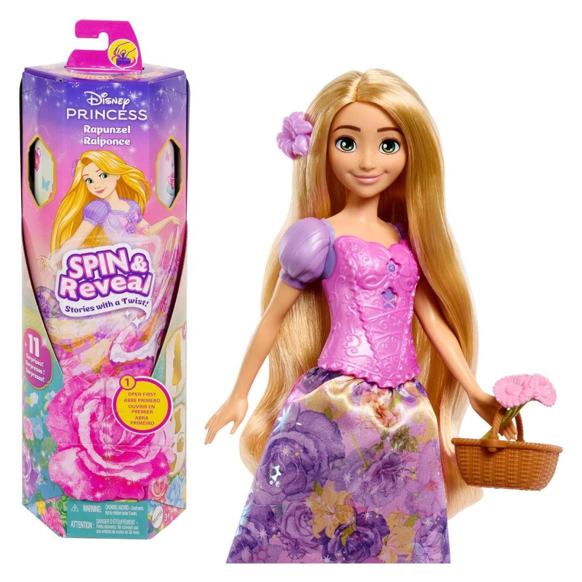 Mattel - HTV86 - Disney Princess - Spin & Reveal - Puppe mit zusätzlichen Überraschungen, Rapunzel