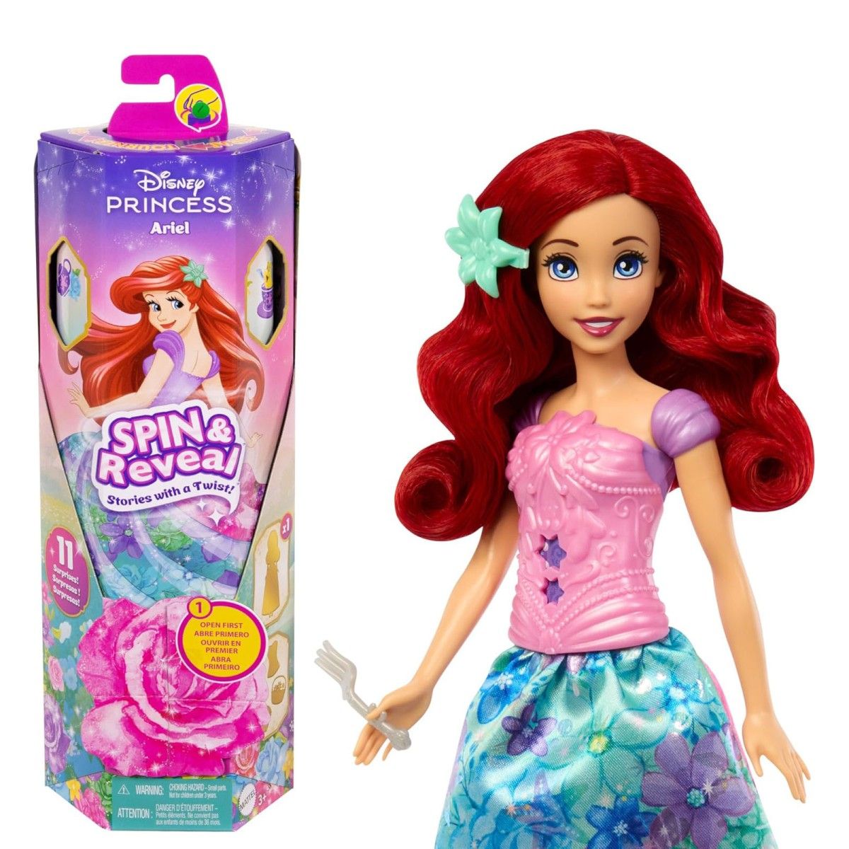 Mattel - HTV88 - Disney Princess - Spin & Reveal - Puppe mit zusätzlichen Überraschungen, Arielle