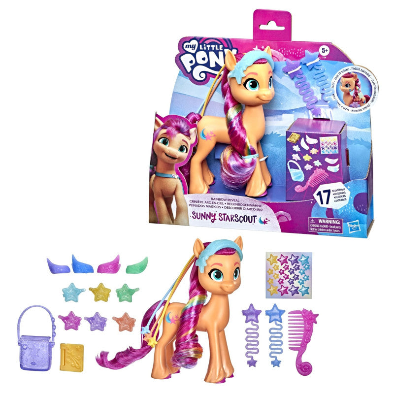 Hasbro - My little Pony: A New Generation Regenbogenmähne Sunny Starscout – 15 cm große, orangefarbene Ponyfigur mit Regenbogen-Zopf und 17 Accessoires