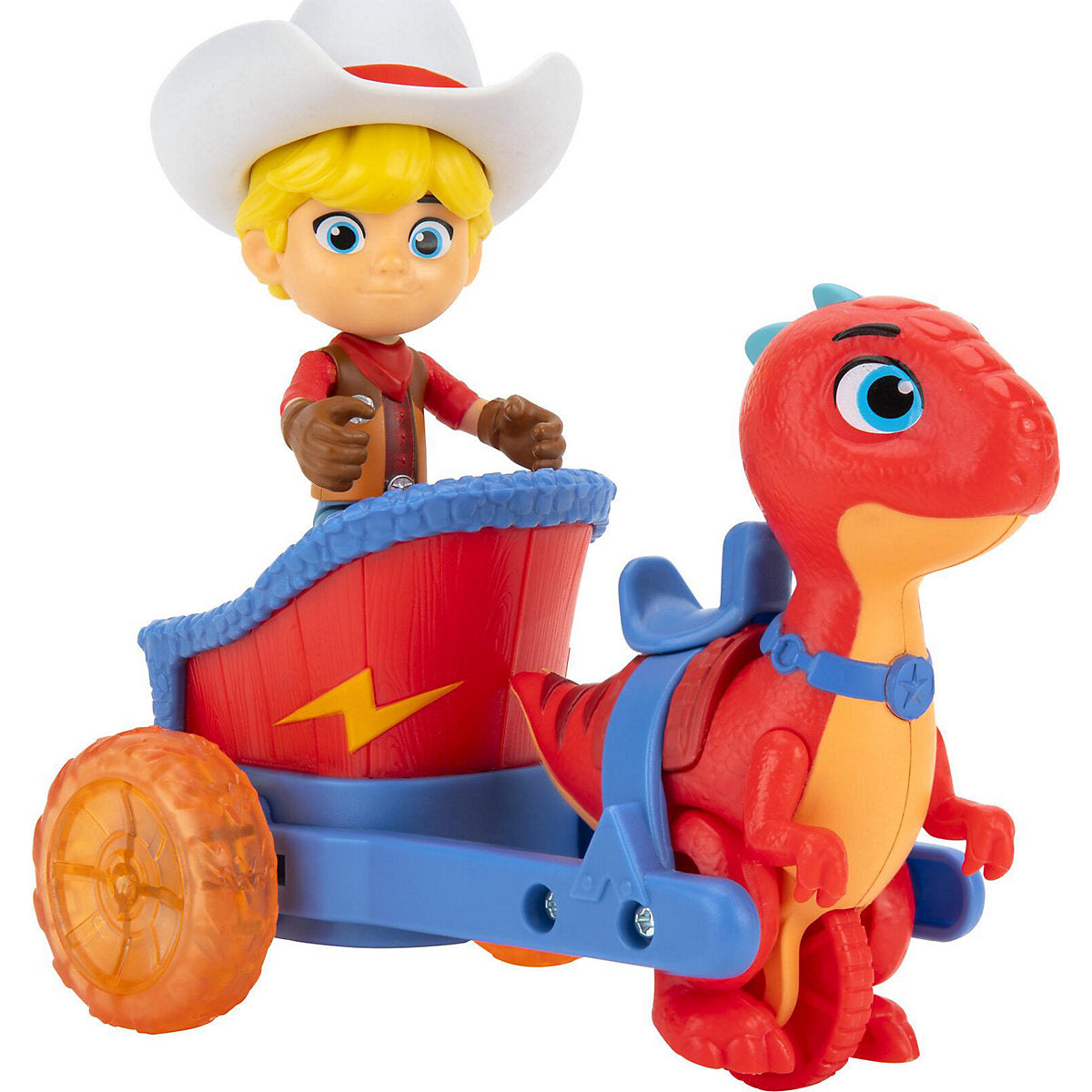 Jazwares - Dino Ranch - Spielset, Figur mit Dino, Jon & Blitz Streitwagen