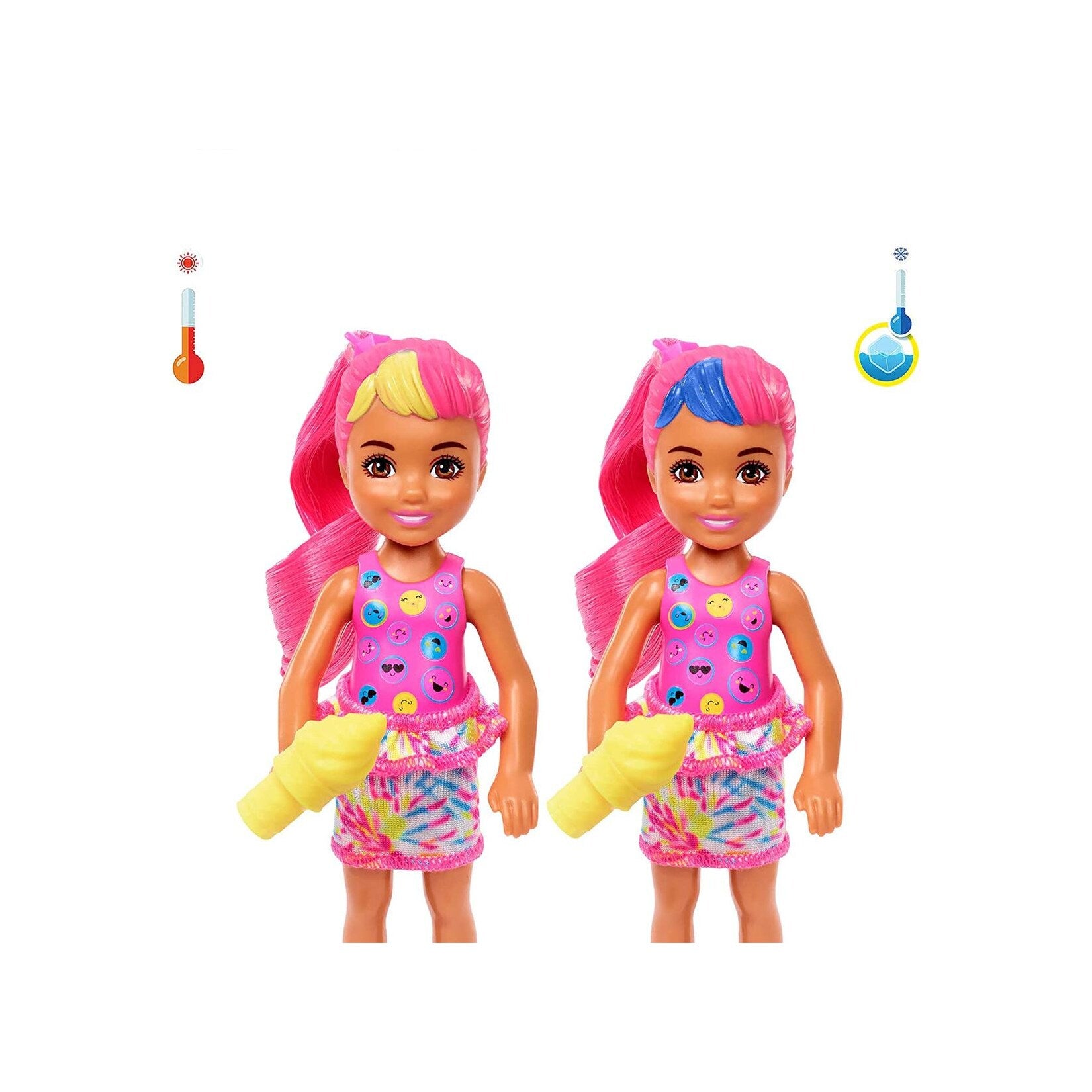 Mattel - Barbie - Chelsea - Color Reveal - Puppe mit Überraschungs-Zubehör, Neon Batik Serie