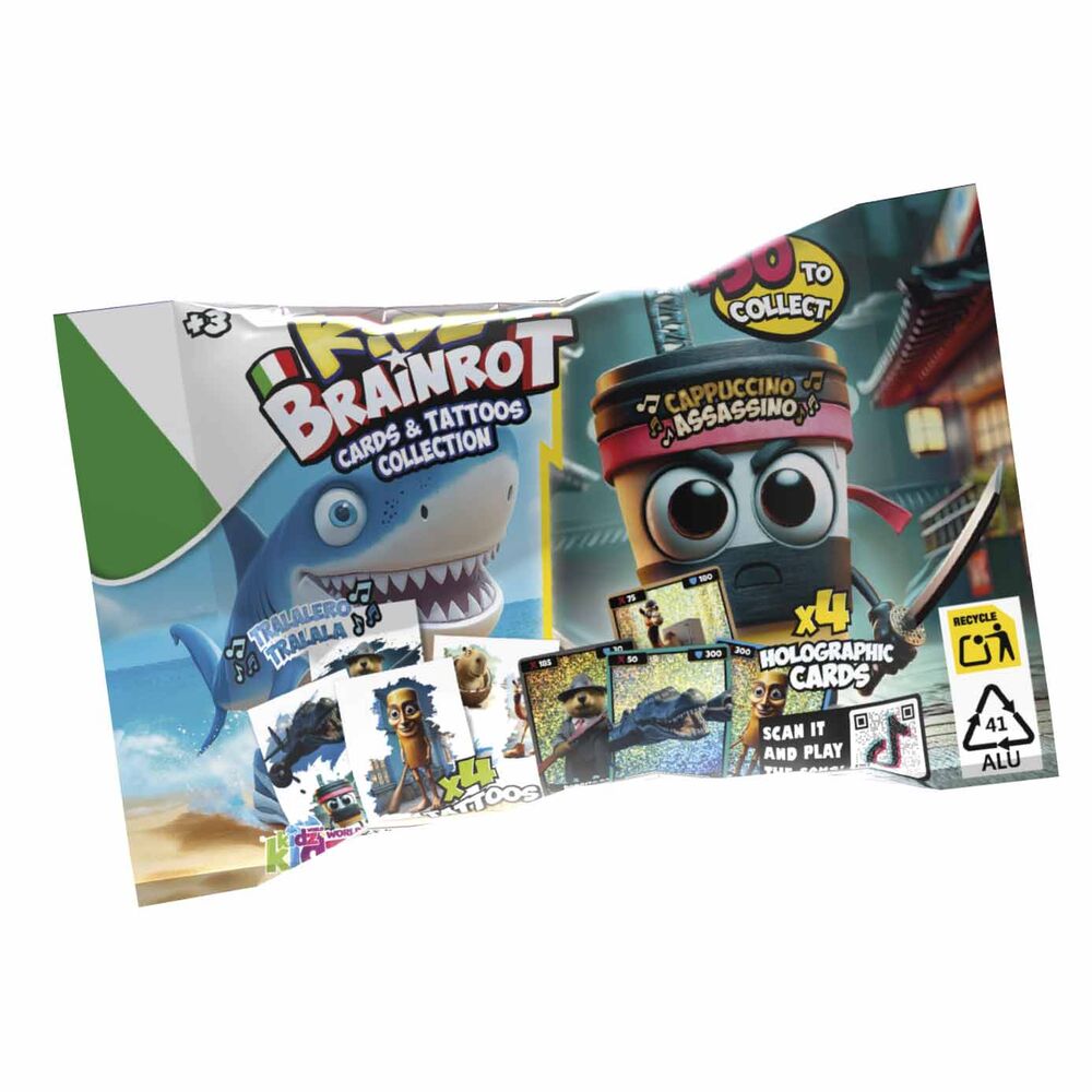 Kidz Brainrot - K02BRO03 - Blindbag 4 holografische Karten und 4 Tattoos, Sammelkarten