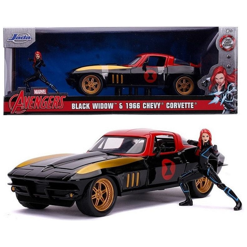 Jada Metals Black Widow & 1966 Chevy Corvette - Modellauto inkl. Figur